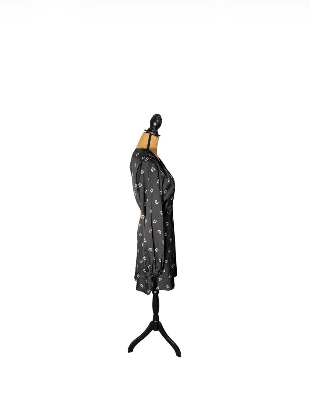 Arrive Black Floral Mini Dress XL Deep V Balloon Sleeve Boho Romantic - Picture 2 of 15